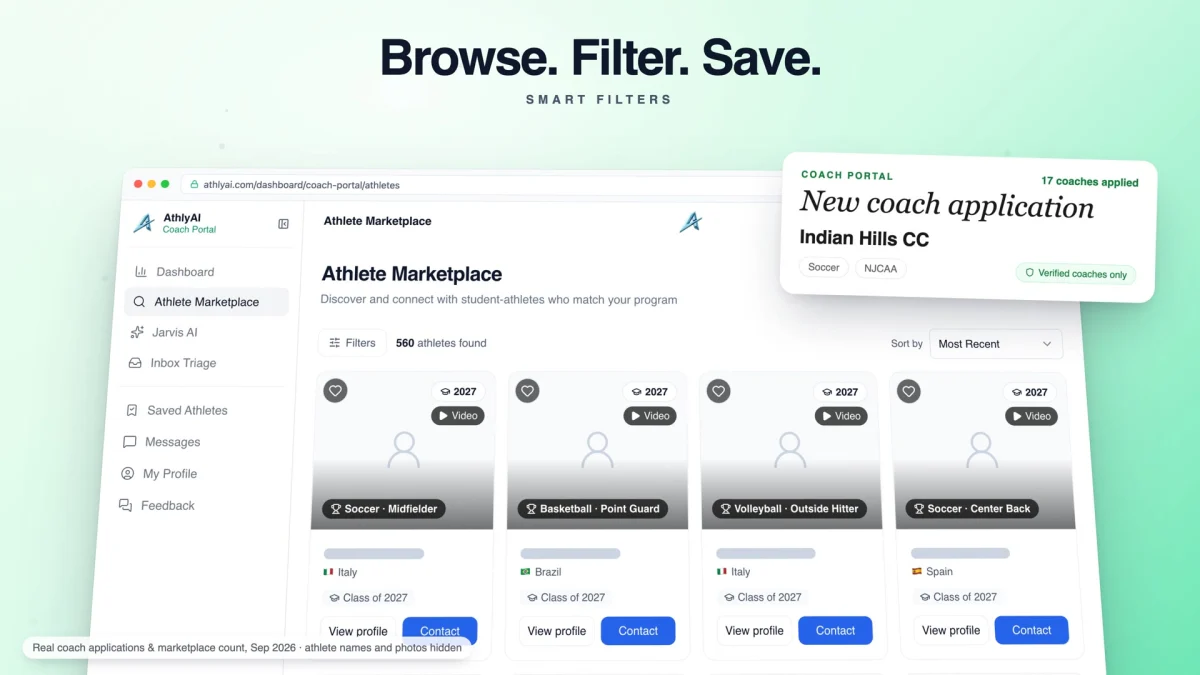 Coaches cut: 'Browse. Filter. Save.', the athlete marketplace with a new coach application notification.