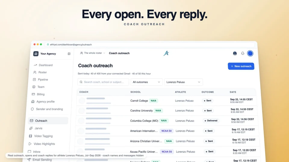 A coach outreach table from the AthlyAI app, rebuilt in code for the film.