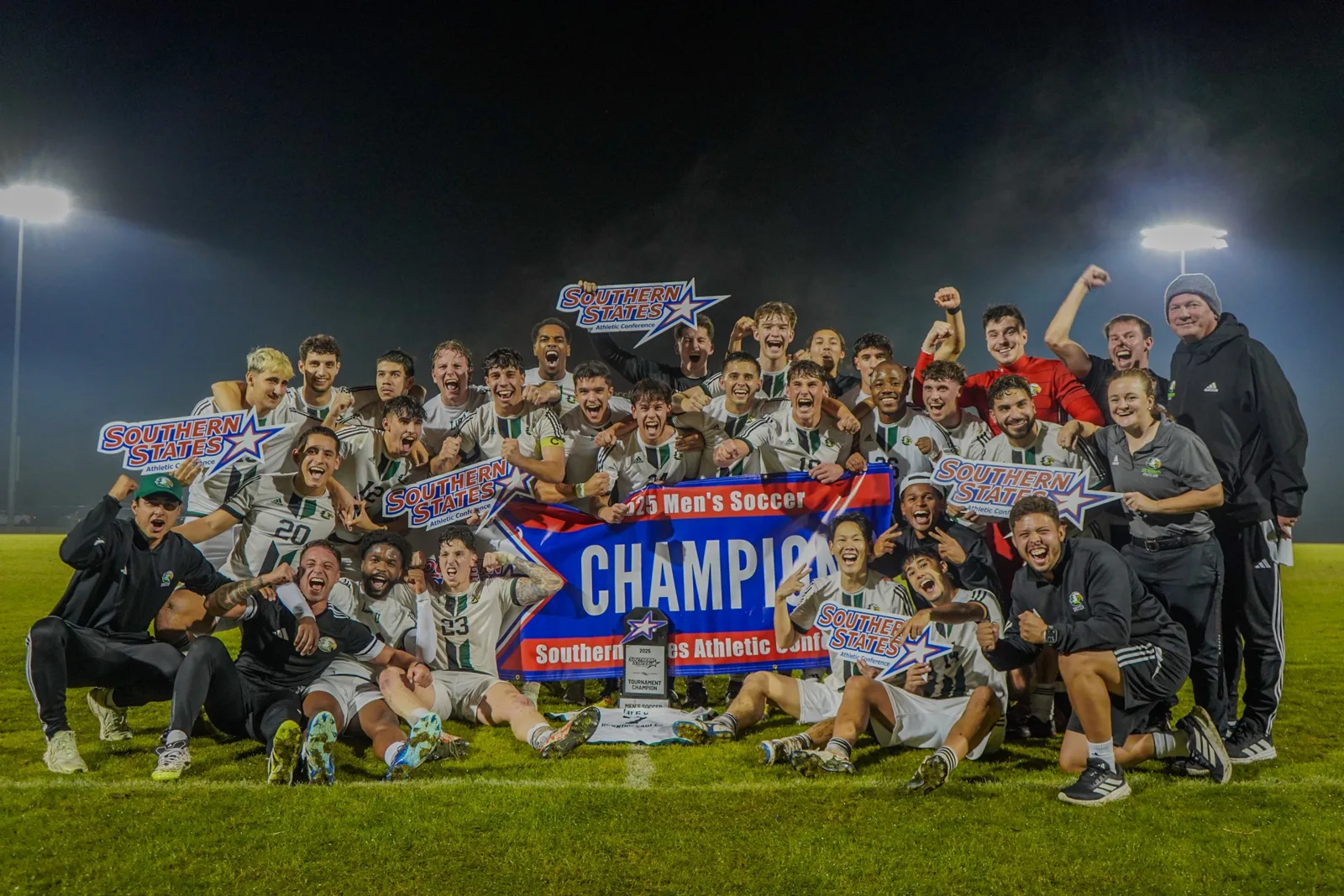 Life University men’s soccer team celebrating the Southern States Athletic Conference championship